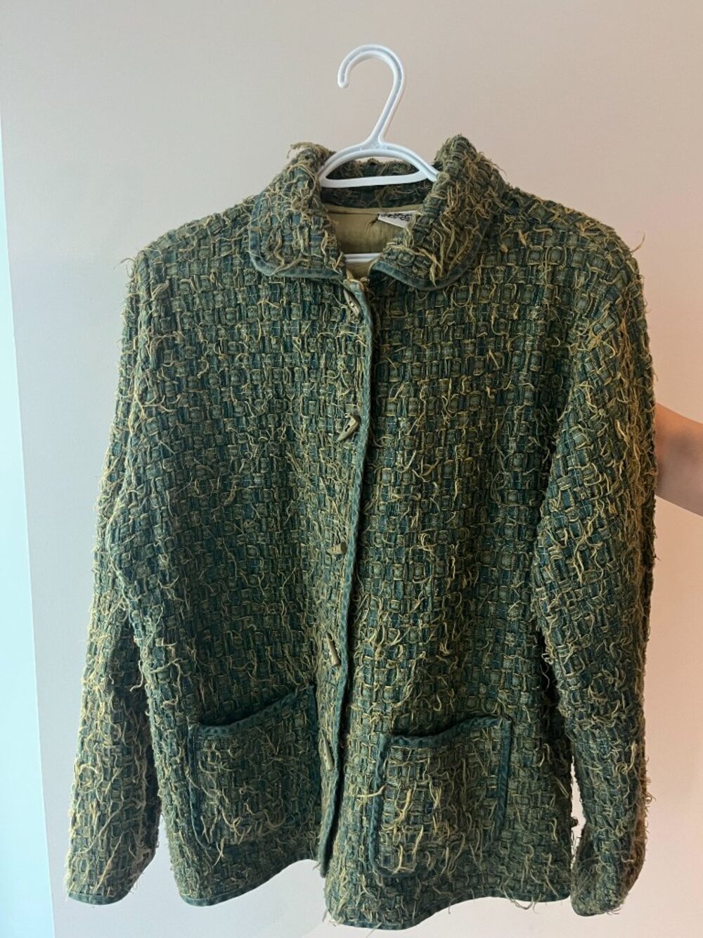 Parsley & Sage Textured Fringe Knit Button-Front Jacket Olive Green Medium